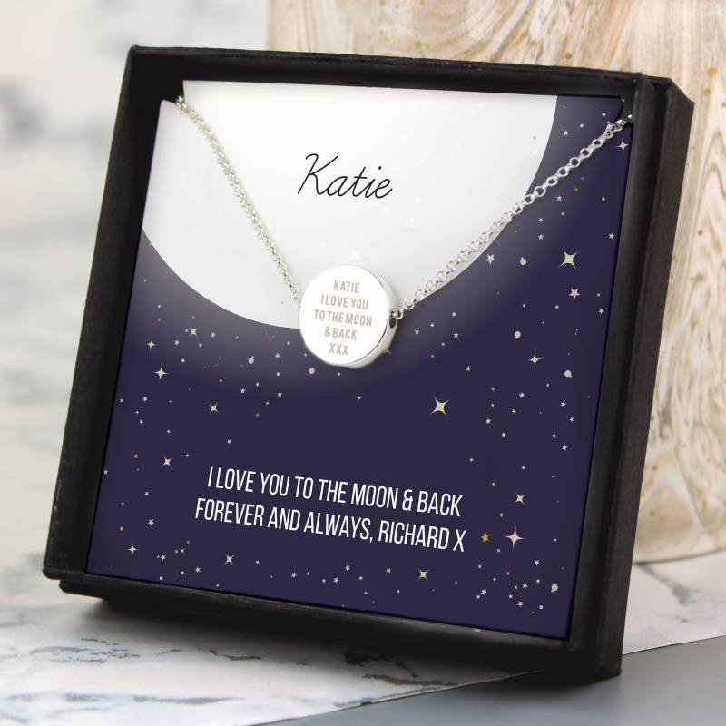 Personalised Sentiment Moon & Stars Sterling Silver Necklace and Box